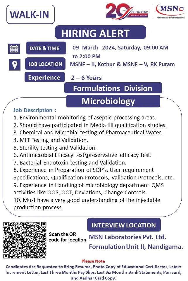 MSN Laboratories - Walk-In Interviews for Production, QC, Engineering, Microbiology, Warehouse on 9th Mar 2024
